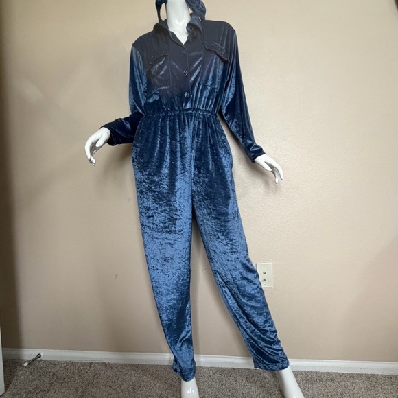 Lacy Afternoon Pants - VTG Lacy Afternoon by Shell Kepler Blue Velvet Jumpsuit with Matching Headband